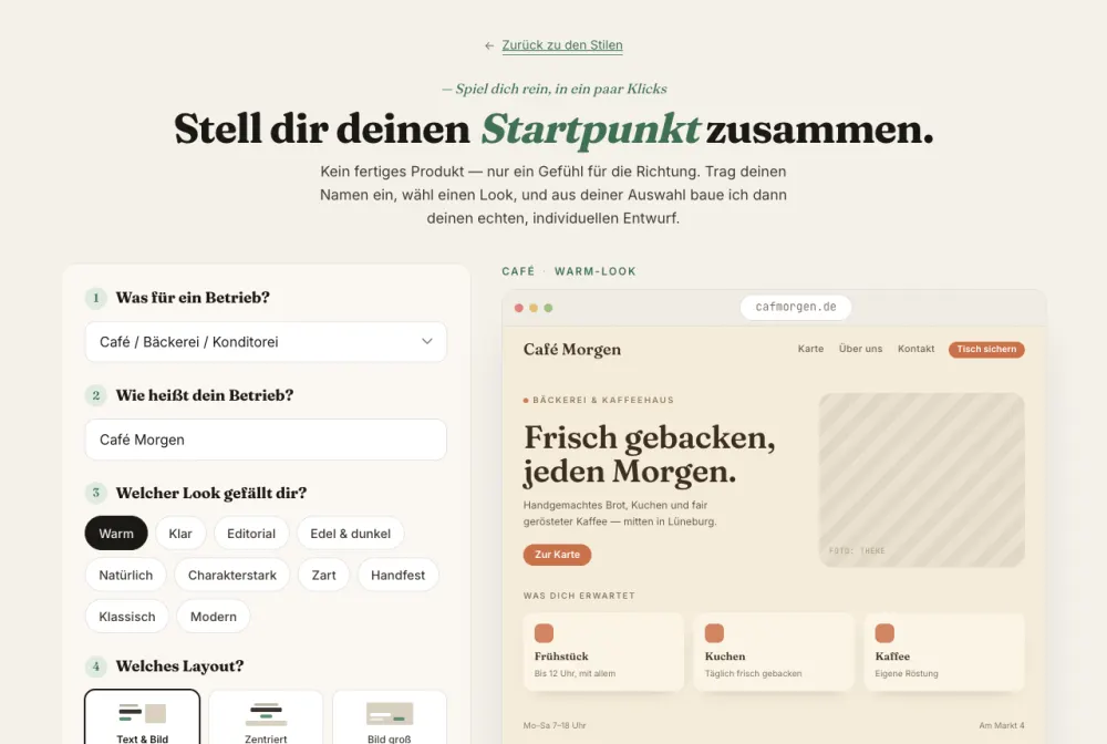 Vorschau des Stil-Ausprobierers: links Auswahl, rechts die Seite